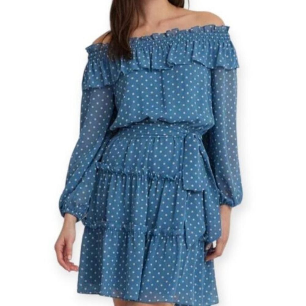 Lauren Ralph Lauren Blue Polka Dot Georgette Off-the-Shoulder Dress Sz.8 EUC